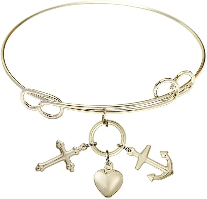 Round Double Loop Bangle Bracelet w/Faith Hope & Charity in Gold-Filled