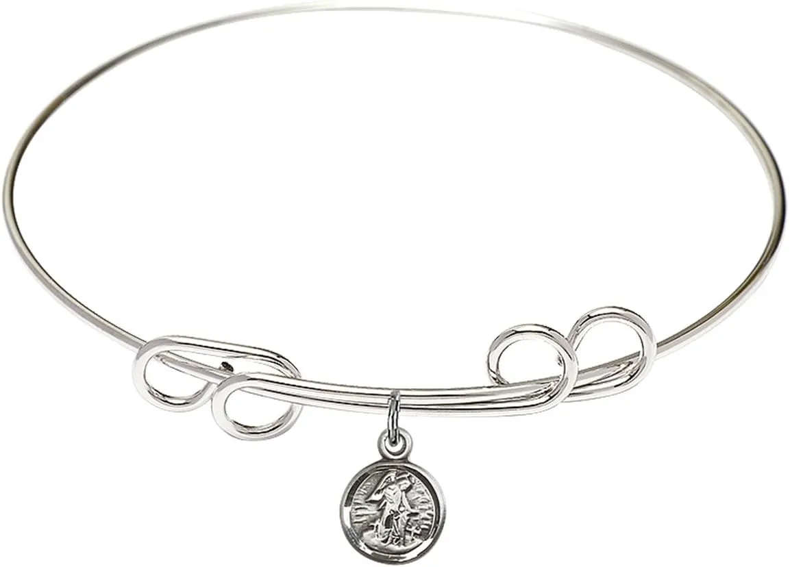 Round Double Loop Bangle Bracelet w/Guardian Angel in Sterling Silver