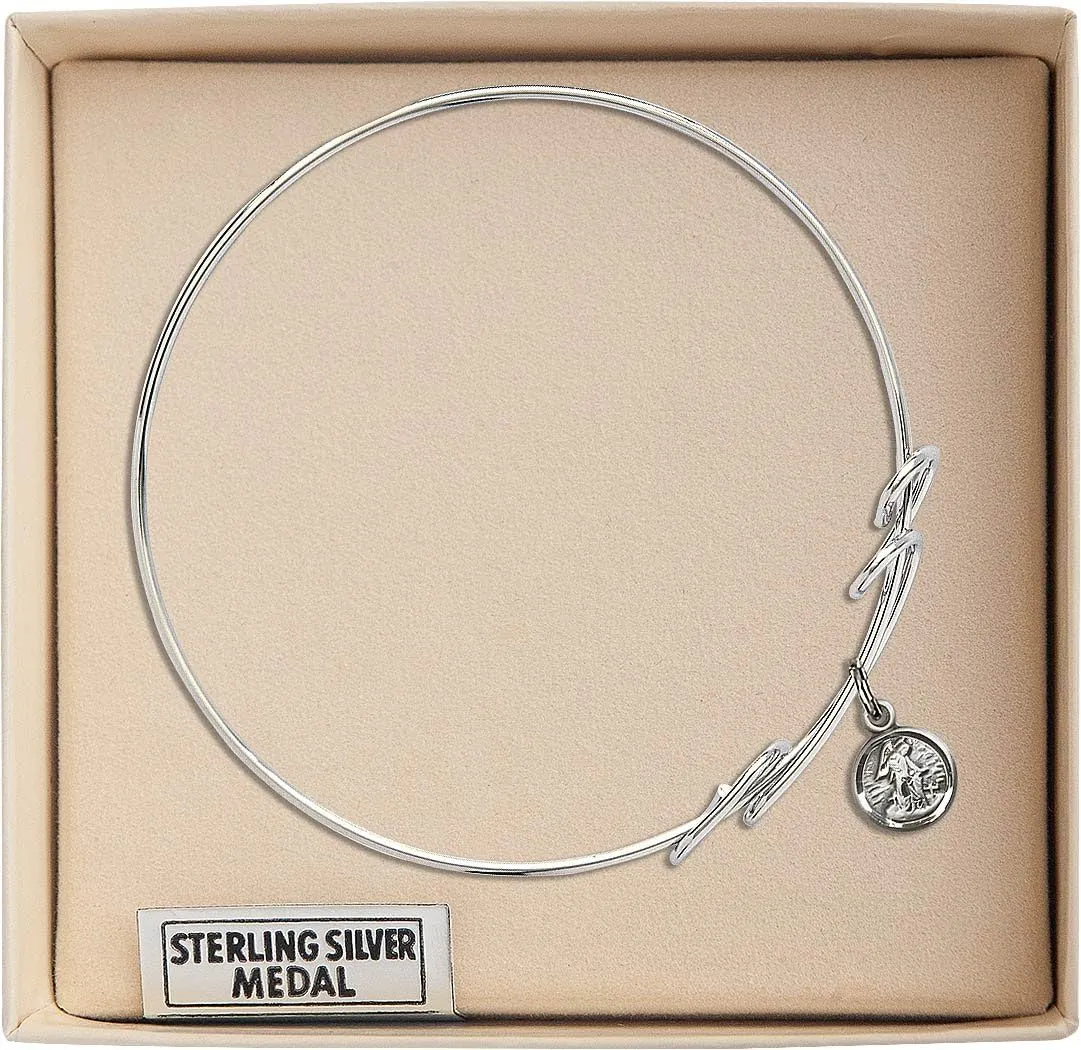 Round Double Loop Bangle Bracelet w/Guardian Angel in Sterling Silver
