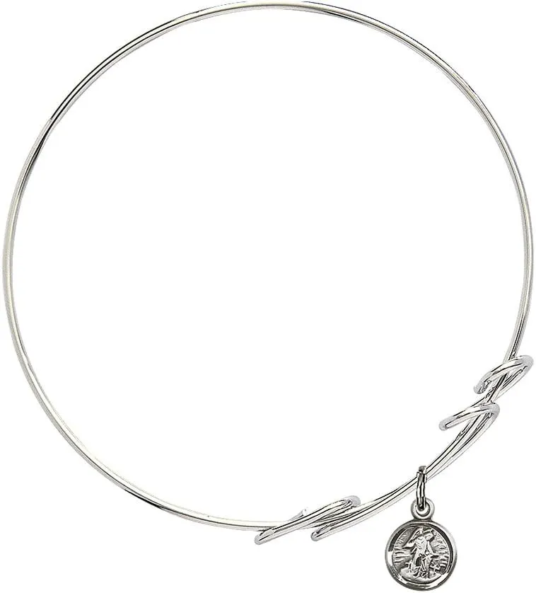 Round Double Loop Bangle Bracelet w/Guardian Angel in Sterling Silver