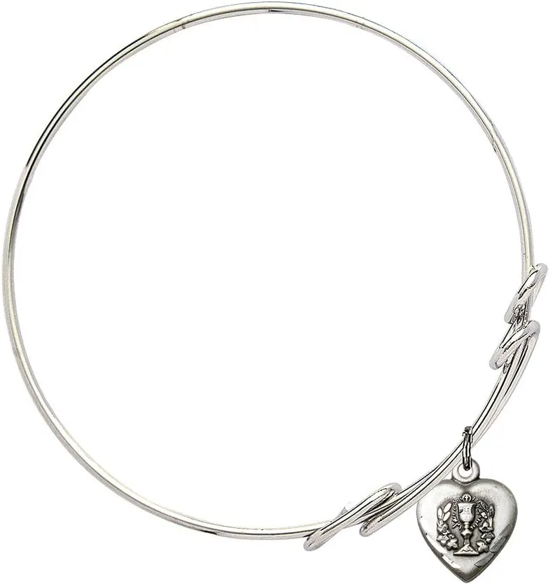 Round Double Loop Bangle Bracelet w/Heart/Communion in Sterling Silver
