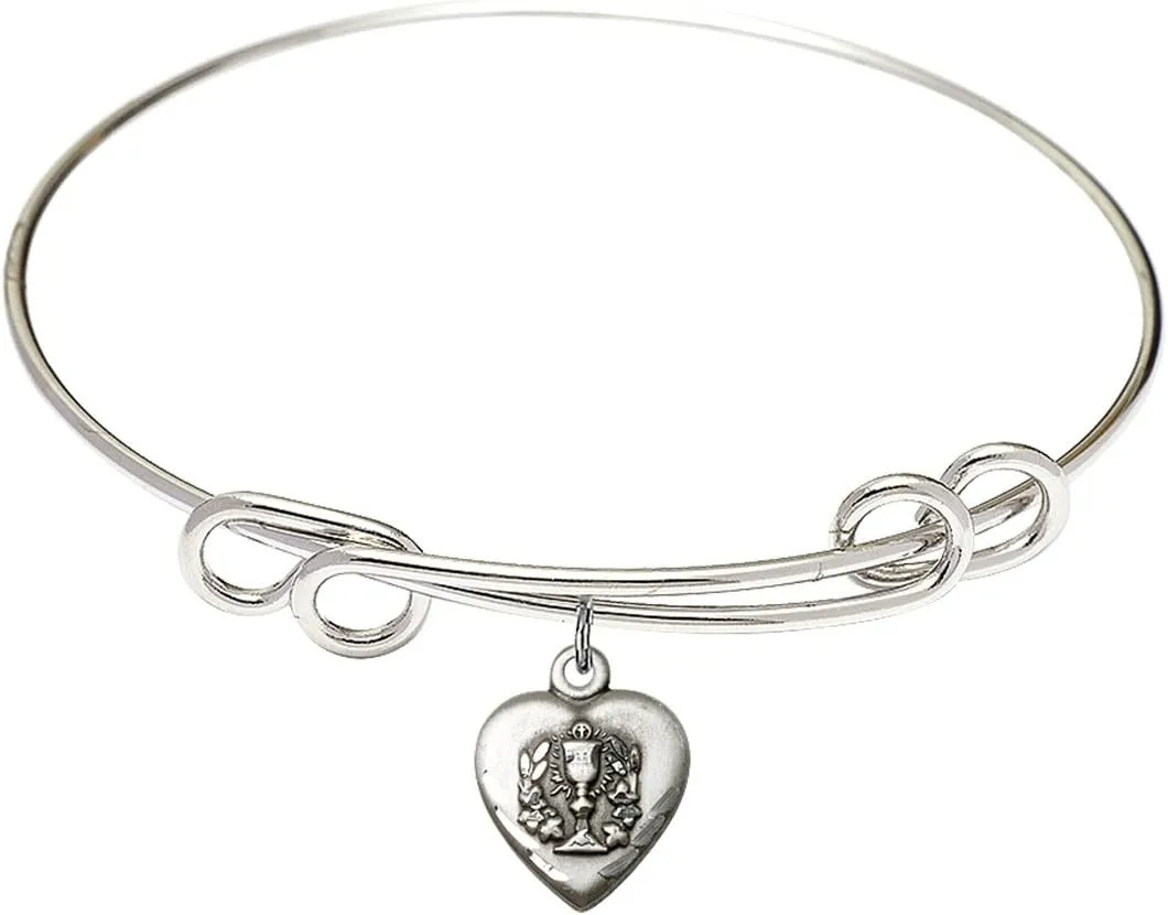 Round Double Loop Bangle Bracelet w/Heart/Communion in Sterling Silver