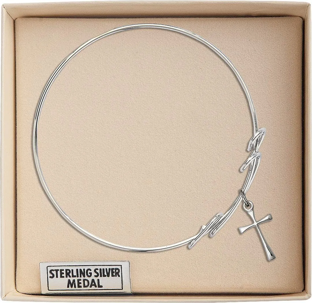 Round Double Loop Bangle Bracelet w/Maltese Cross in Sterling Silver