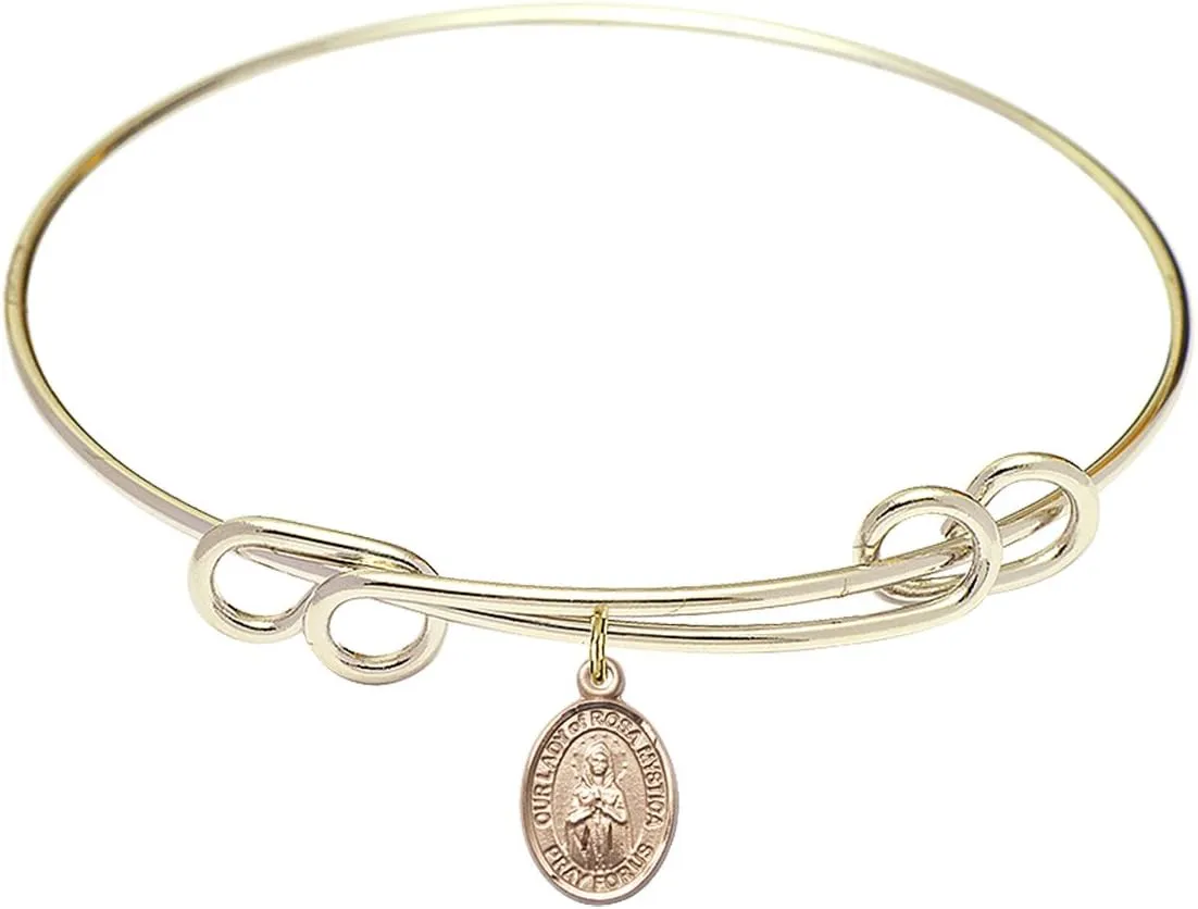 Round Double Loop Bangle Bracelet w/Our Lady of Rosa Mystica in Gold-Filled