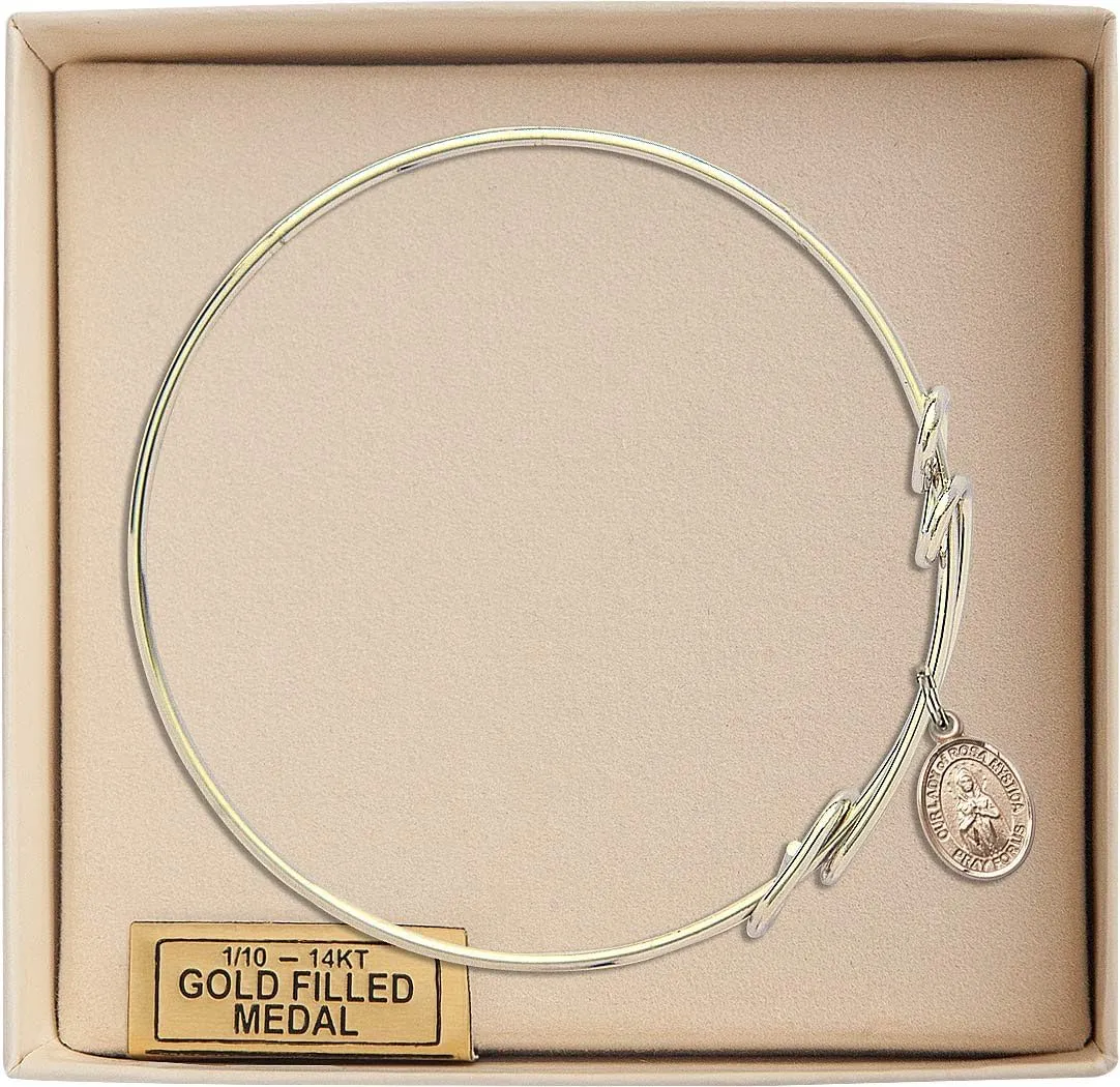 Round Double Loop Bangle Bracelet w/Our Lady of Rosa Mystica in Gold-Filled
