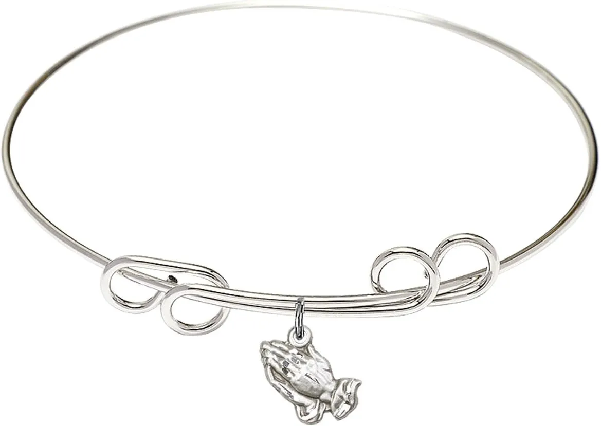 Round Double Loop Bangle Bracelet w/Praying Hands in Sterling Silver