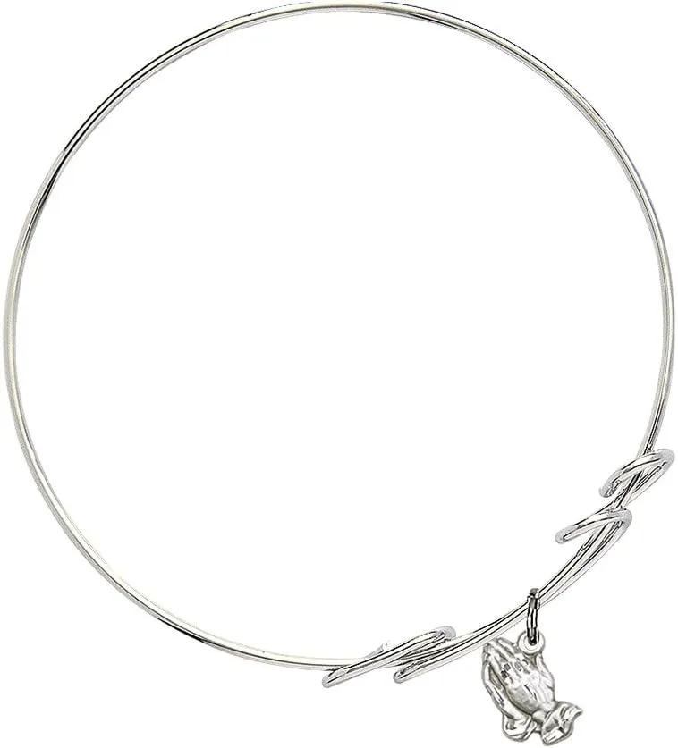 Round Double Loop Bangle Bracelet w/Praying Hands in Sterling Silver