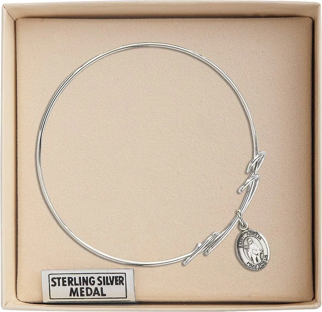 Round Double Loop Bangle Bracelet w/St. Amelia in Sterling Silver