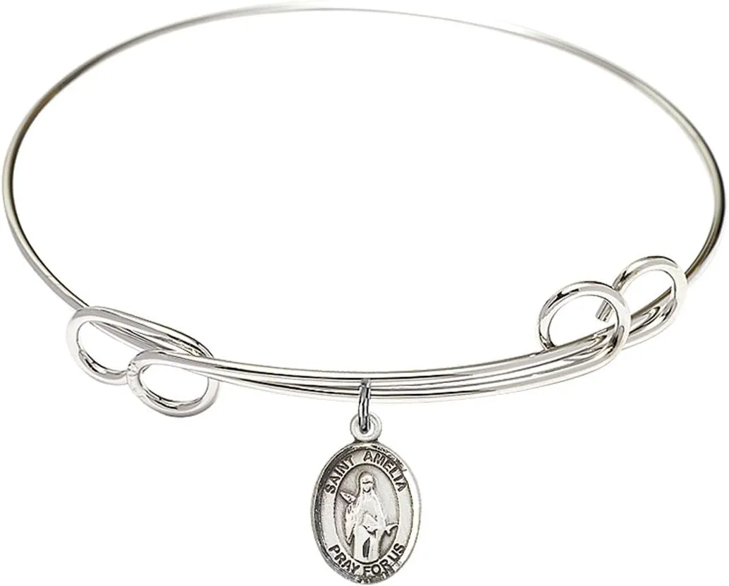 Round Double Loop Bangle Bracelet w/St. Amelia in Sterling Silver