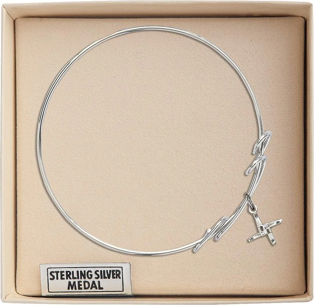 Round Double Loop Bangle Bracelet w/St. Brigid Cross in Sterling Silver