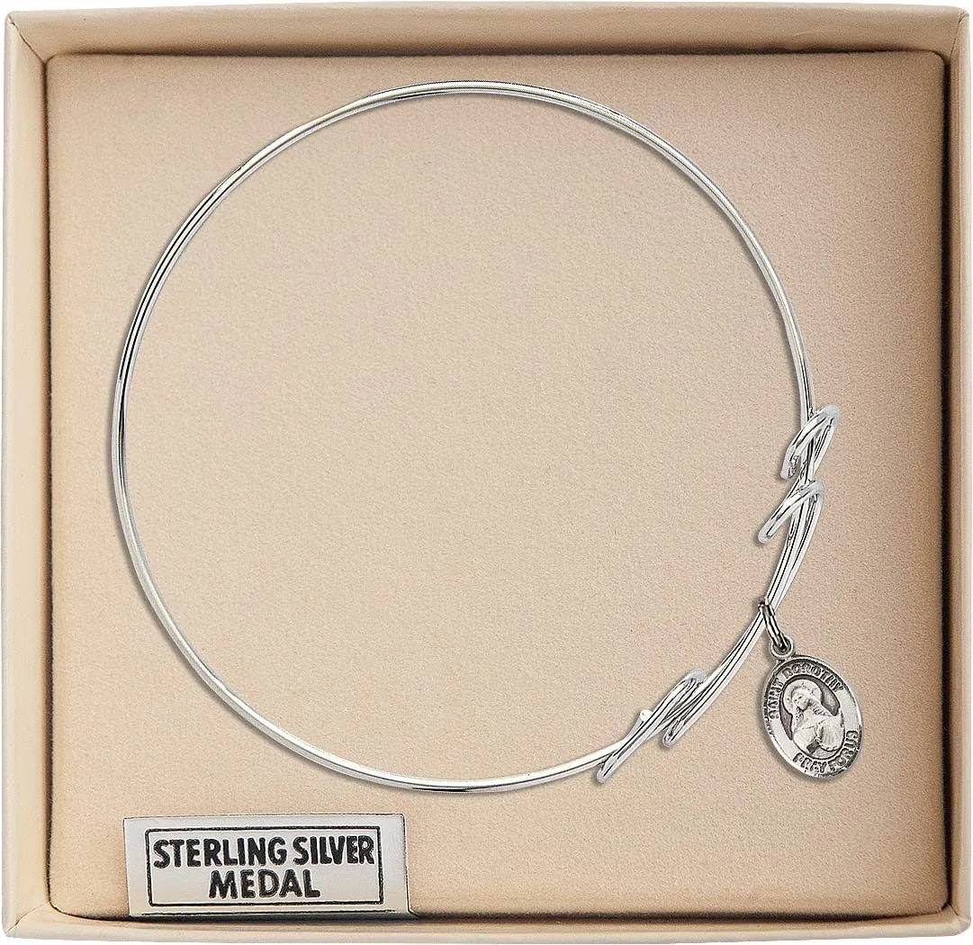 Round Double Loop Bangle Bracelet w/St. Dorothy in Sterling Silver