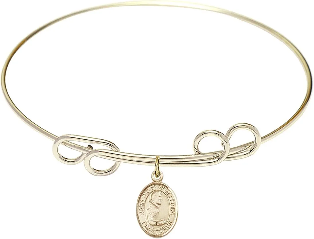 Round Double Loop Bangle Bracelet w/St. Pio of Pietrelcina in Gold-Filled
