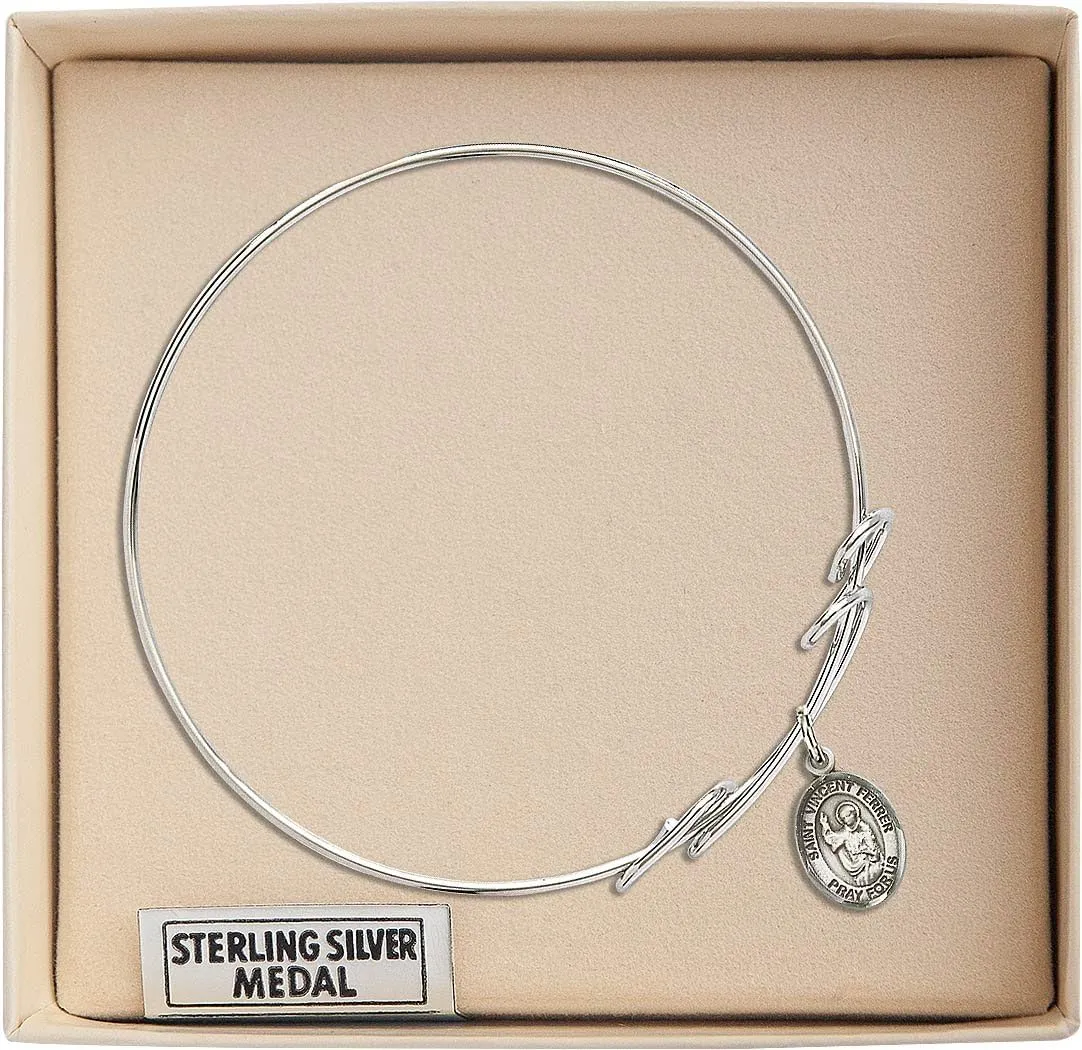 Round Double Loop Bangle Bracelet w/St. Vincent Ferrer in Sterling Silver