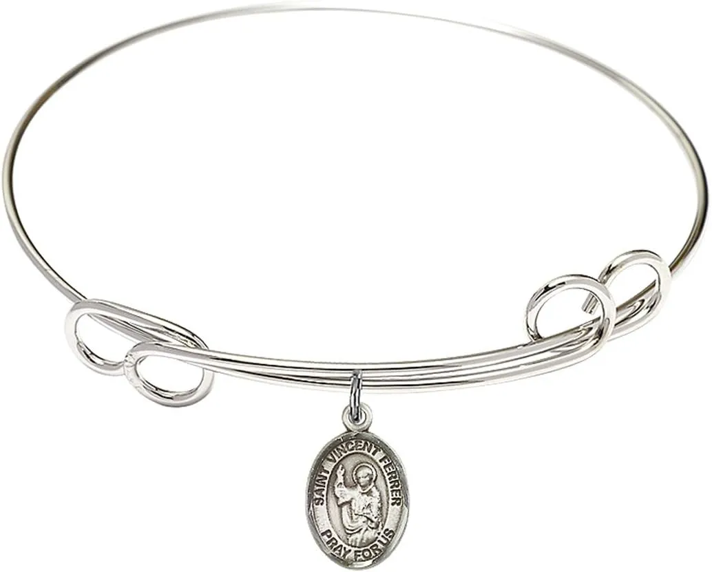 Round Double Loop Bangle Bracelet w/St. Vincent Ferrer in Sterling Silver