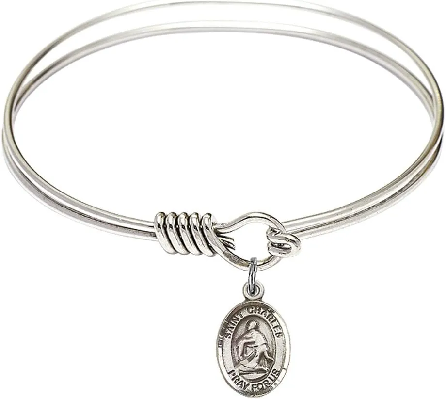 Round Eye Hook Bangle Bracelet w/St. Charles Borromeo in Sterling Silver
