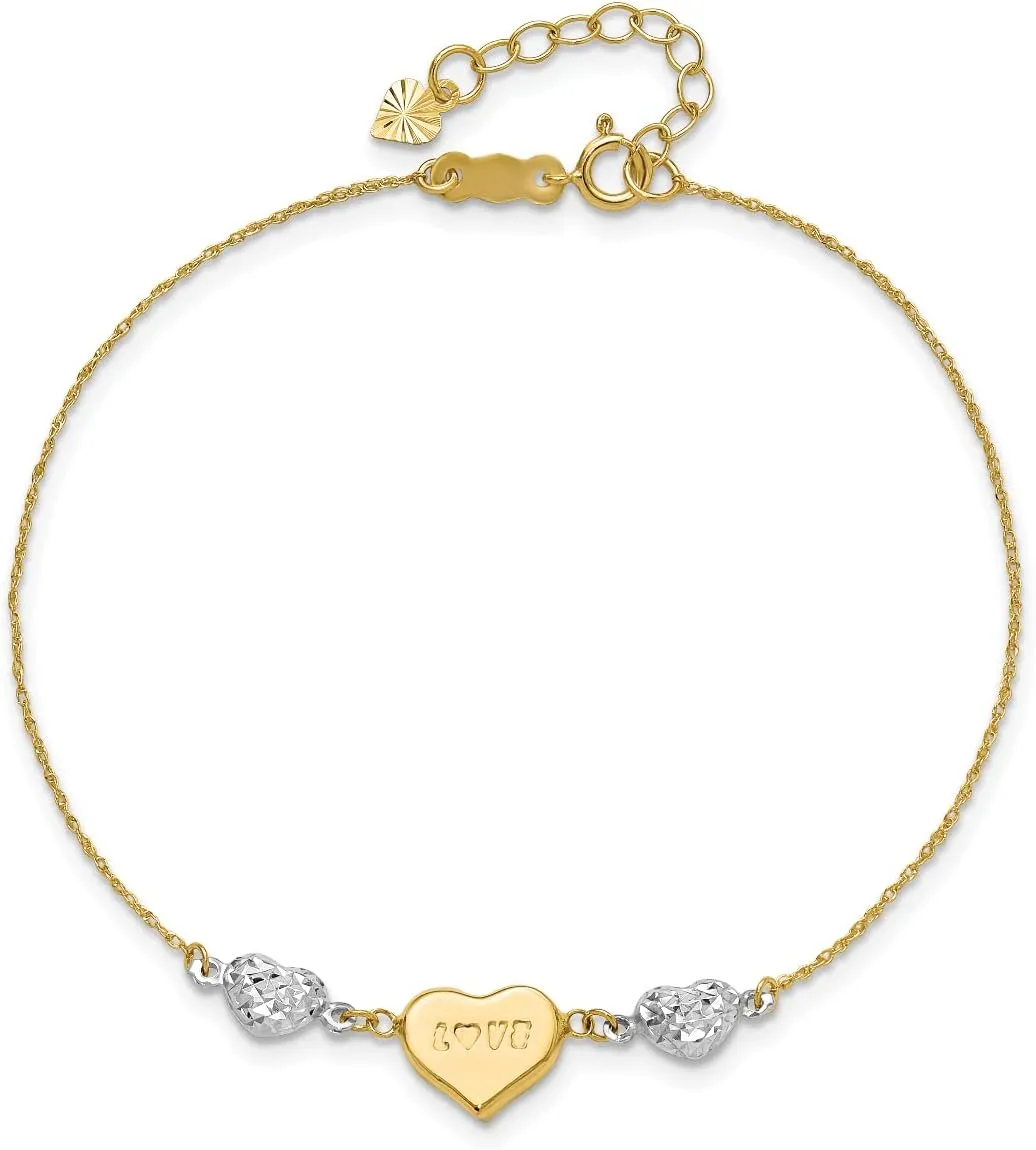 Roy Rose Jewelry Gold Anklets Bracelets 14K Yellow Gold Two Tone Puffed LOVE Heart & D/C Hearts Bracelet