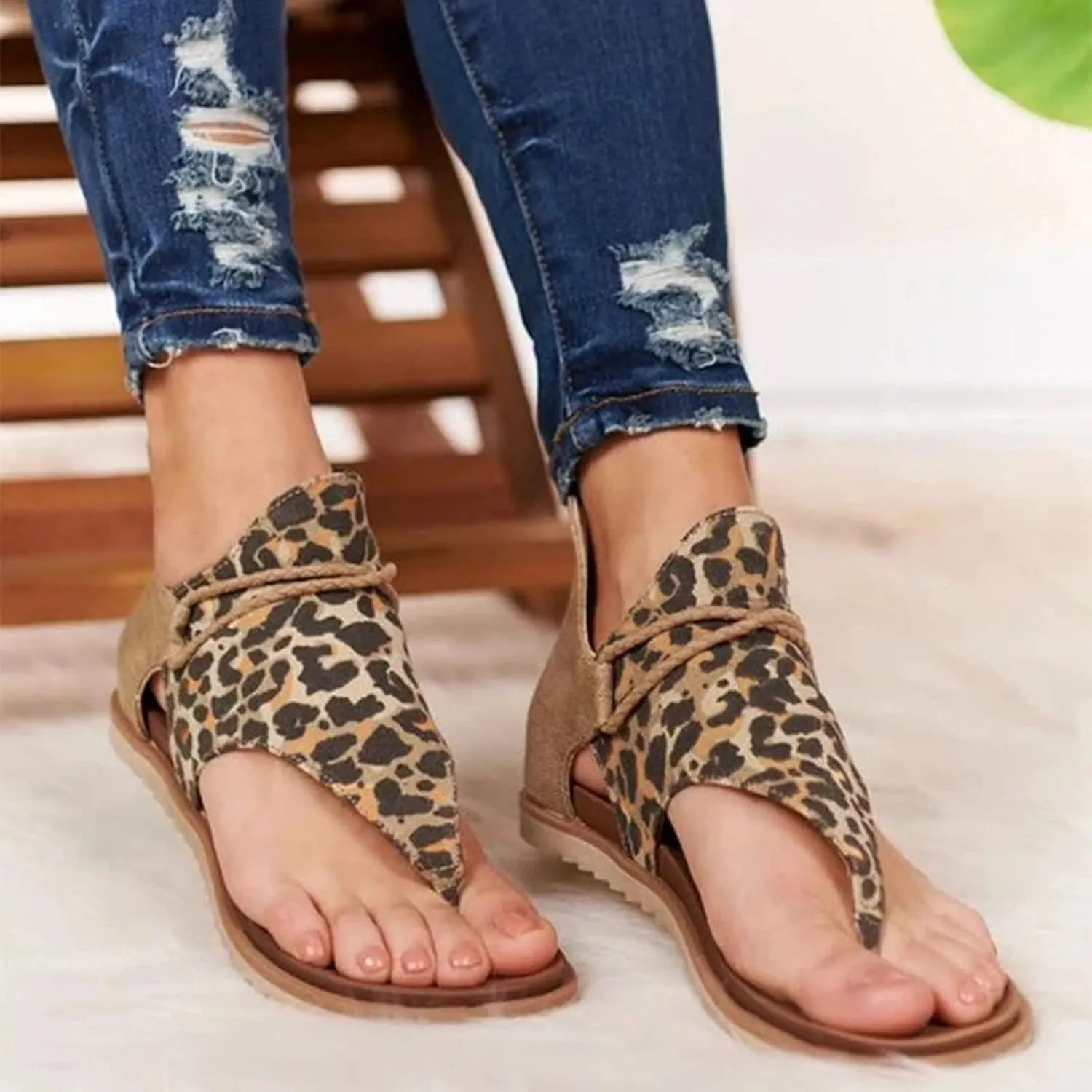 Sandals slip Pattern Flip-Flop Cover Heel Leopard Shoes Beach Women Strap Womens Casual Sandals