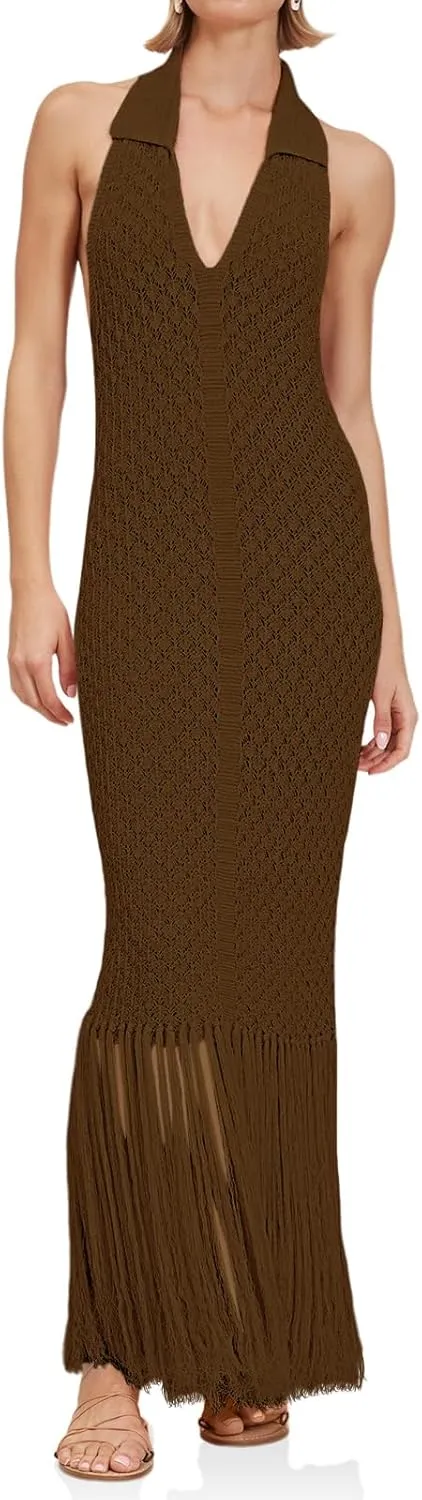 Saodimallsu Womens Halter Crochet Cover Up Fringe Sexy Backless Sleeveless V Neck Collared Vacation Beach Maxi Dress