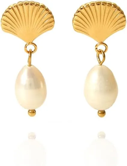 Seashell Earrings for Women 14k Gold Shell Trendy Dangle Boho Pearl Earring Chunky Statement Drop Stud Ocean Beach Earrings Summer Jewelry Gift