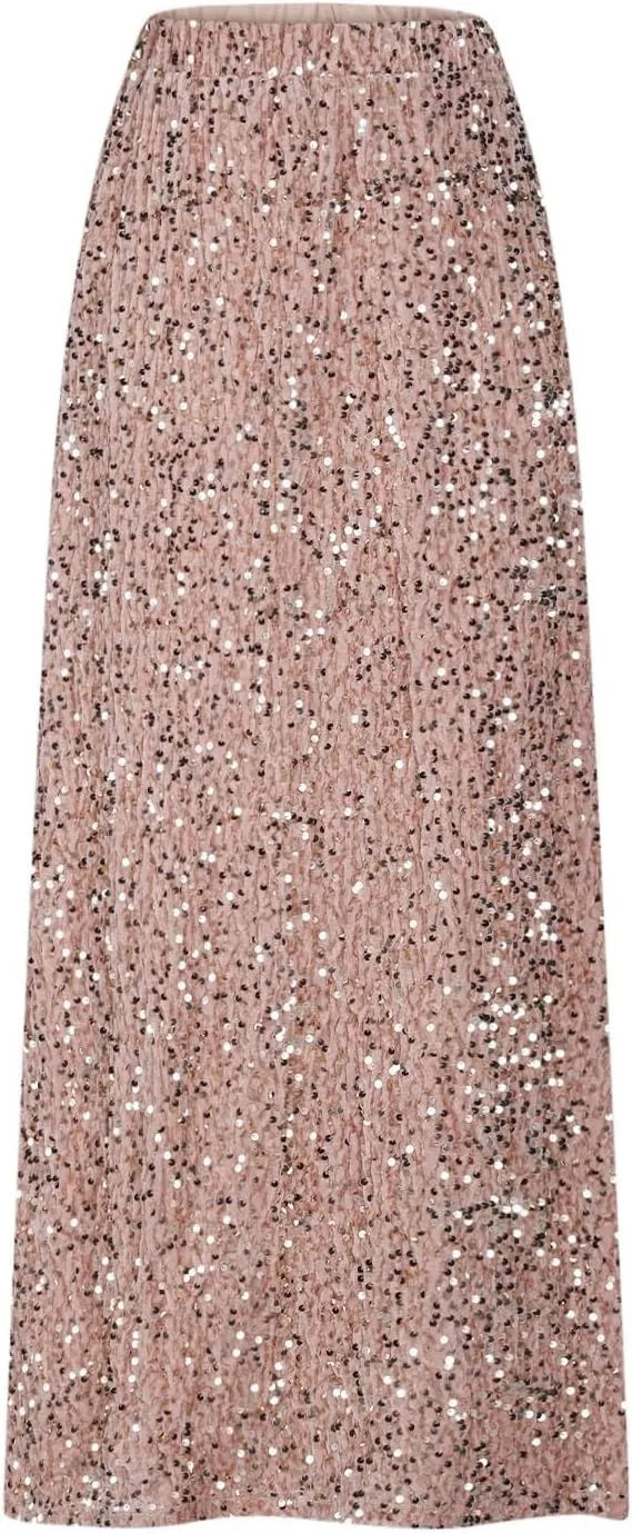 Sequin Long Skirts for Women Sparkly Plus Size Stretch Skirt Elastic Comfort Baggy Skirt Party Casual A Line Skirts