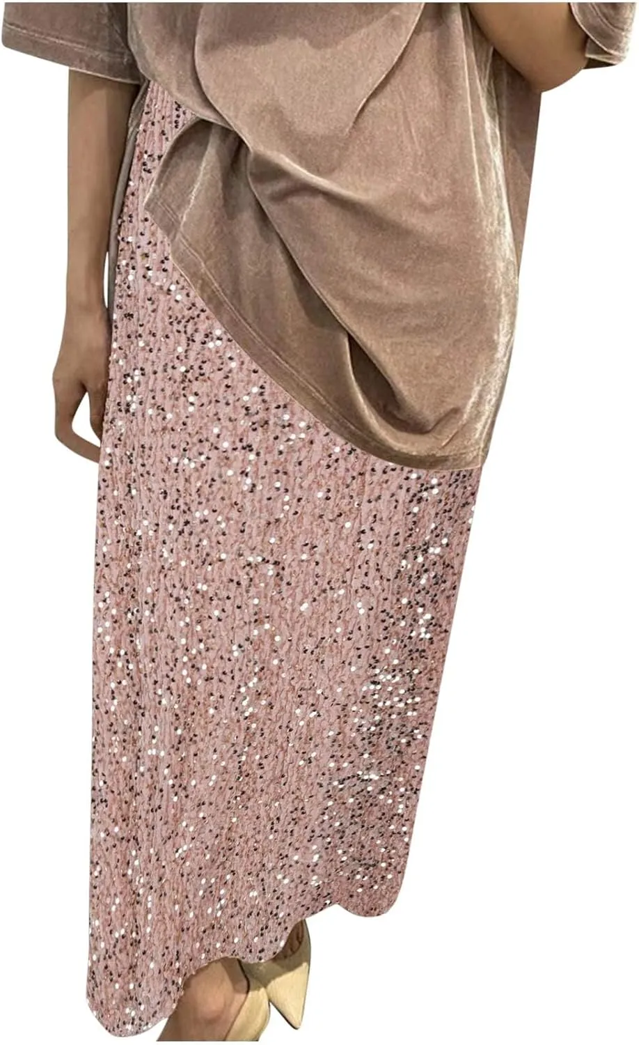 Sequin Long Skirts for Women Sparkly Plus Size Stretch Skirt Elastic Comfort Baggy Skirt Party Casual A Line Skirts