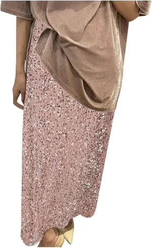 Sequin Long Skirts for Women Sparkly Plus Size Stretch Skirt Elastic Comfort Baggy Skirt Party Casual A Line Skirts