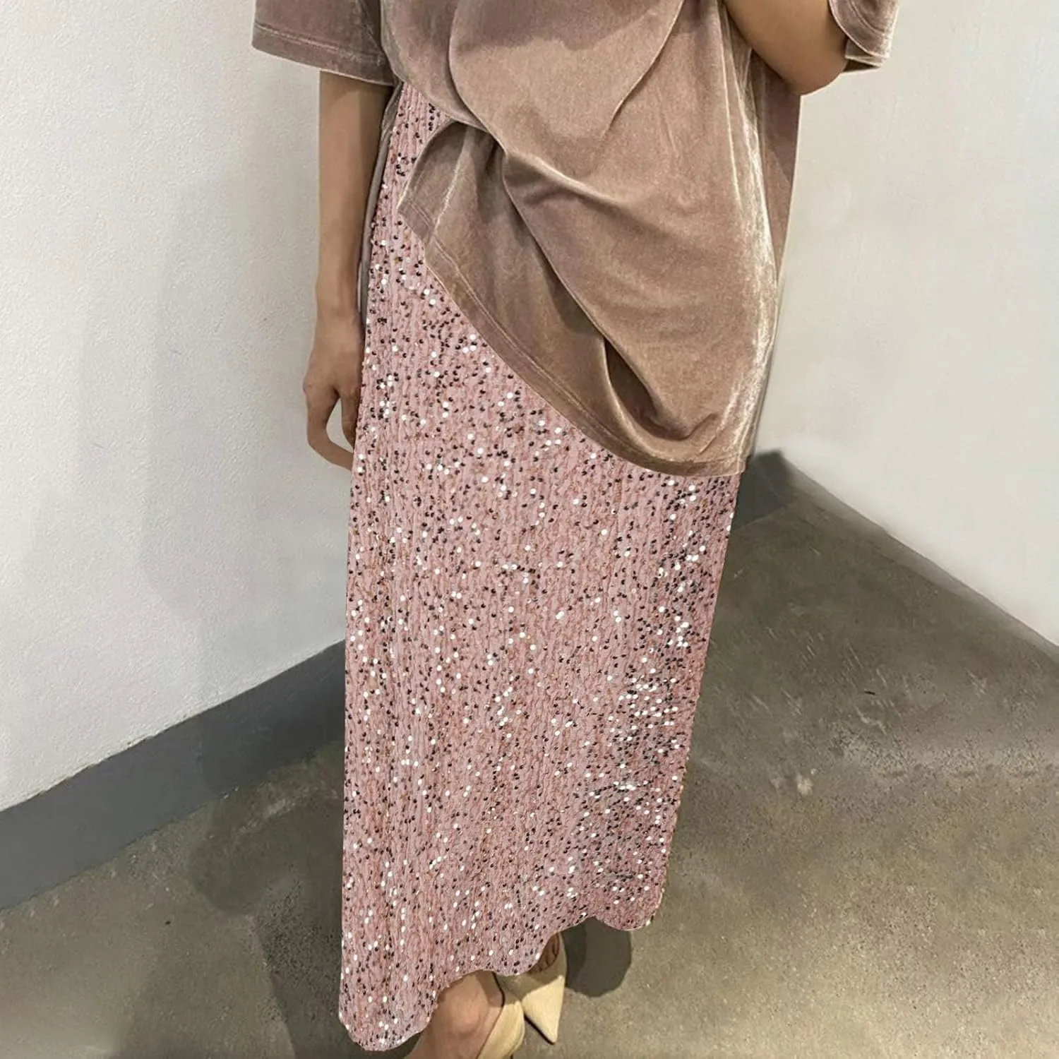 Sequin Long Skirts for Women Sparkly Plus Size Stretch Skirt Elastic Comfort Baggy Skirt Party Casual A Line Skirts
