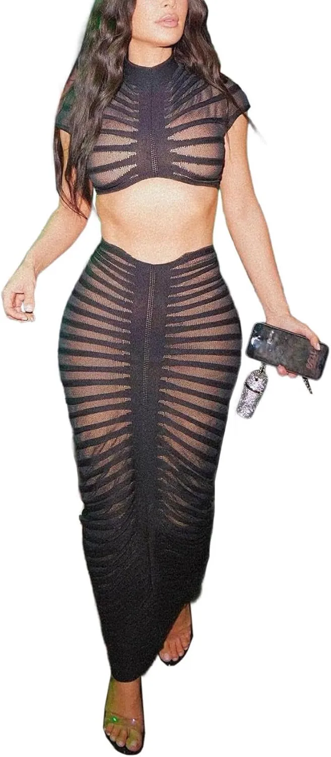 Sexy See Through Long Dress Knitted Sheer Mock Neck Crop Top and Maxi Skirt 2 Piece Outfits Sets
