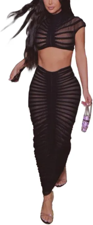 Sexy See Through Long Dress Knitted Sheer Mock Neck Crop Top and Maxi Skirt 2 Piece Outfits Sets