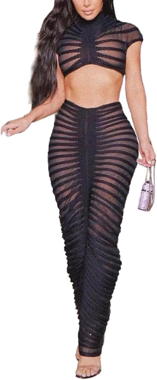 Sexy See Through Long Dress Knitted Sheer Mock Neck Crop Top and Maxi Skirt 2 Piece Outfits Sets