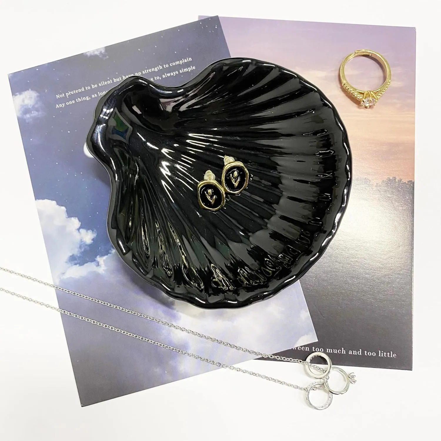 Shell Shape Ring Holder Dish, Seashell Jewelry Dish Tray, Ceramic Trinket Tray for Rings Earrings Necklaces Bracelet, Birthday for Mom Friend Sister, 3.9", Black