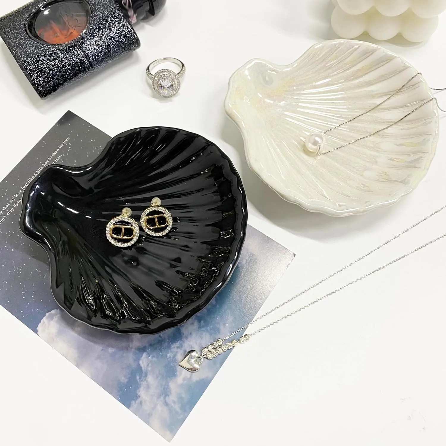 Shell Shape Ring Holder Dish, Seashell Jewelry Dish Tray, Ceramic Trinket Tray for Rings Earrings Necklaces Bracelet, Birthday for Mom Friend Sister, 3.9", Black