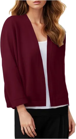 Shrug Cardigan for Women 3/4 Sleeve Opoen Front Soft Slouchy Sweater Solid Cropped Outwear Coats Dressy Casual Tops