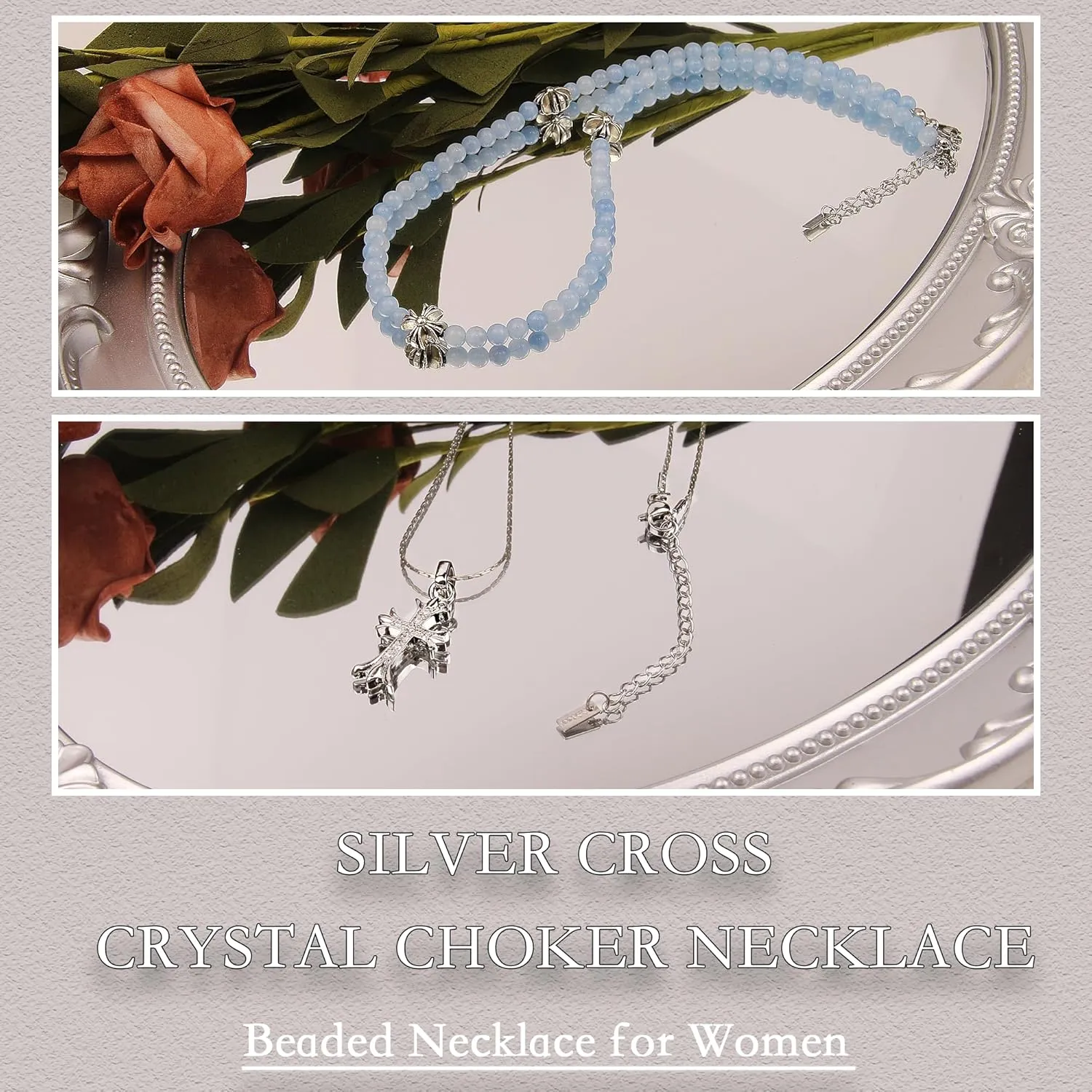 Silver Cross Necklaces for Women, Handmade 4mm Gemstone Beaded Necklaces Healing Crystal Choker Necklace Layered Necklace Spiritual Jewelry for Women Gifts