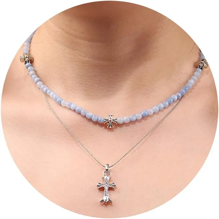 Silver Cross Necklaces for Women, Handmade 4mm Gemstone Beaded Necklaces Healing Crystal Choker Necklace Layered Necklace Spiritual Jewelry for Women Gifts