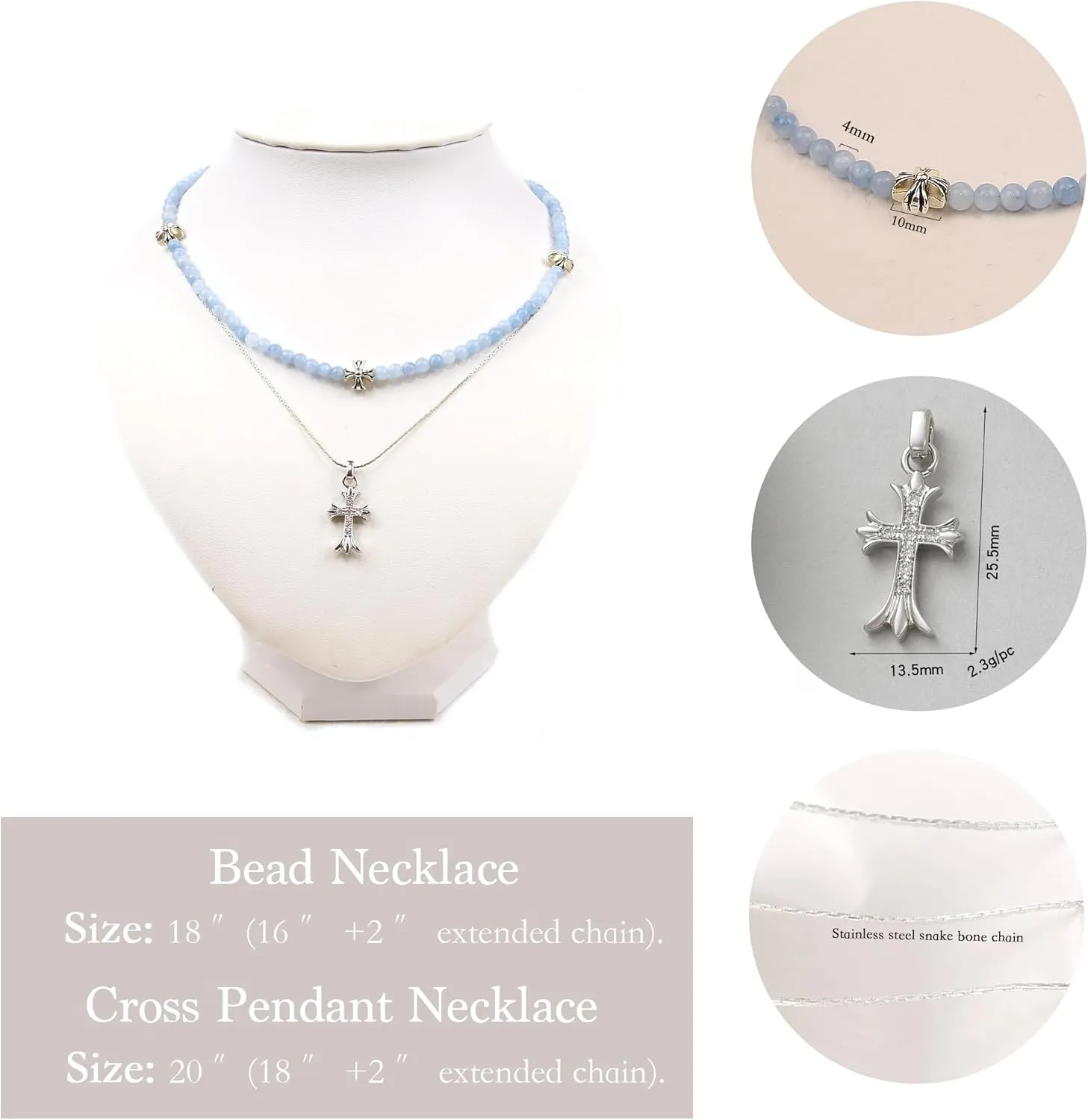 Silver Cross Necklaces for Women, Handmade 4mm Gemstone Beaded Necklaces Healing Crystal Choker Necklace Layered Necklace Spiritual Jewelry for Women Gifts