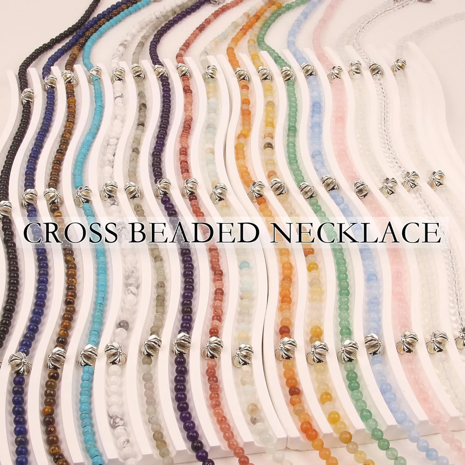 Silver Cross Necklaces for Women, Handmade 4mm Gemstone Beaded Necklaces Healing Crystal Choker Necklace Layered Necklace Spiritual Jewelry for Women Gifts