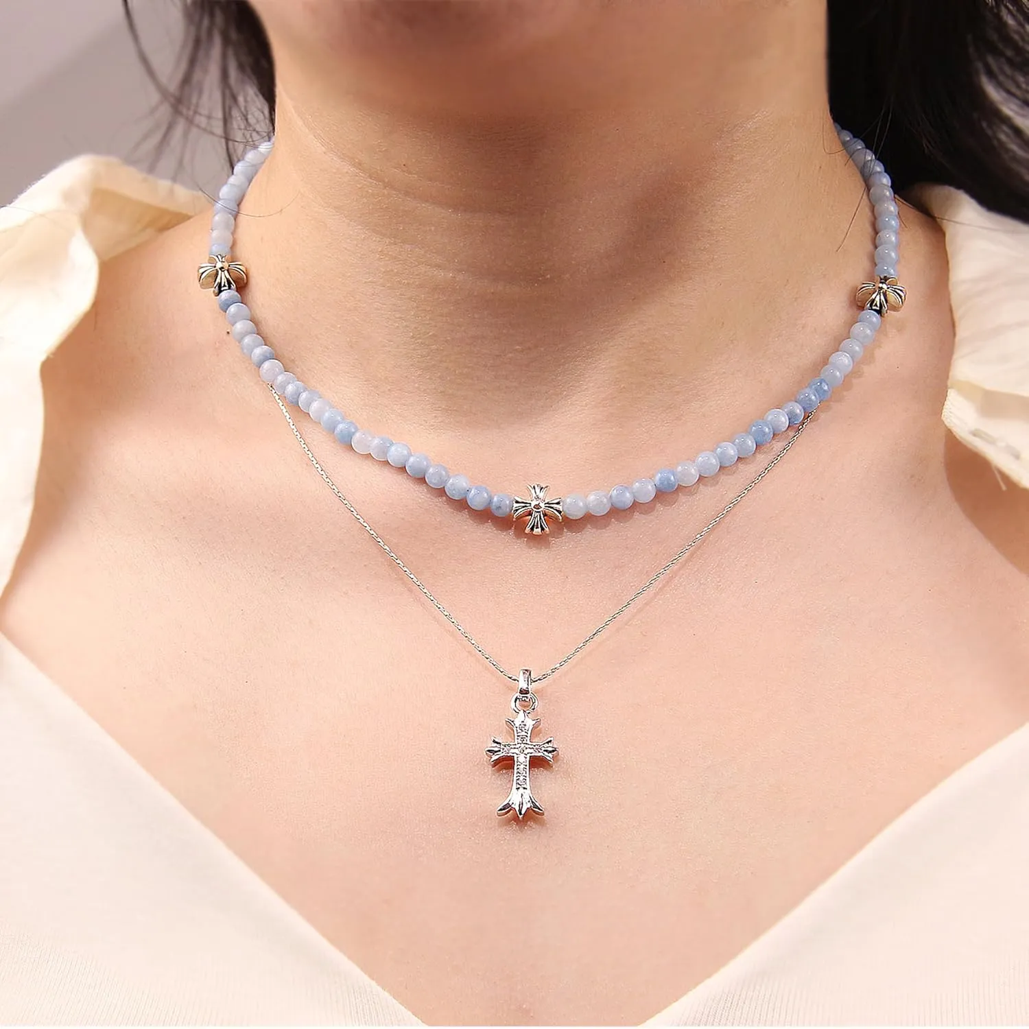 Silver Cross Necklaces for Women, Handmade 4mm Gemstone Beaded Necklaces Healing Crystal Choker Necklace Layered Necklace Spiritual Jewelry for Women Gifts