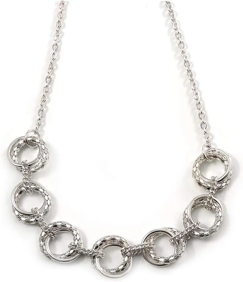 Silver Tone Mesh & Polished Ring Necklace - 50cm Length