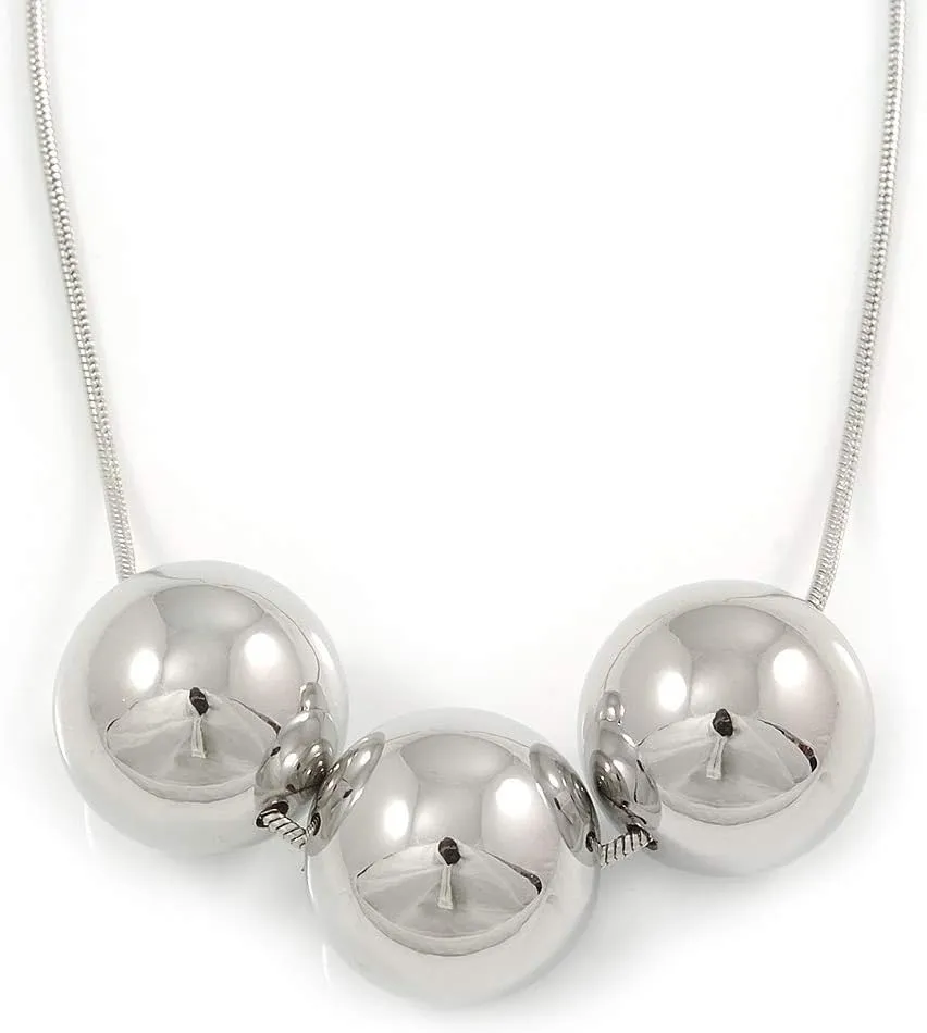 Silver Tone Polished 3 Ball Pendant with Snake Style Chain - 68cm L/ 7cm Ext