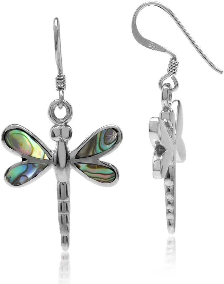 Silvershake Abalone Paua Shell Inlay White Gold Plated 925 Sterling Silver Dragonfly Dangle Hook Earrings