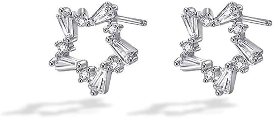 Simple Cubic Zirconia Tiny Star Stud Earrings for Women S925 Sterling Silver Geometry Hollow Five Pointed Stars Dainty Hypoallergenic Cartilage Earrings