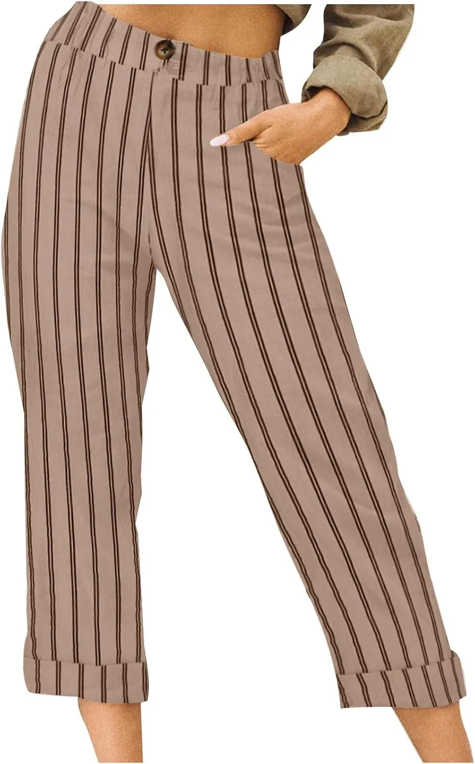 Sinzelimin Women's Capris Pants Fashion Striped Straight Wide Leg Trousers with Pocket, Ladies Sport Casual Cropped Sweatpant