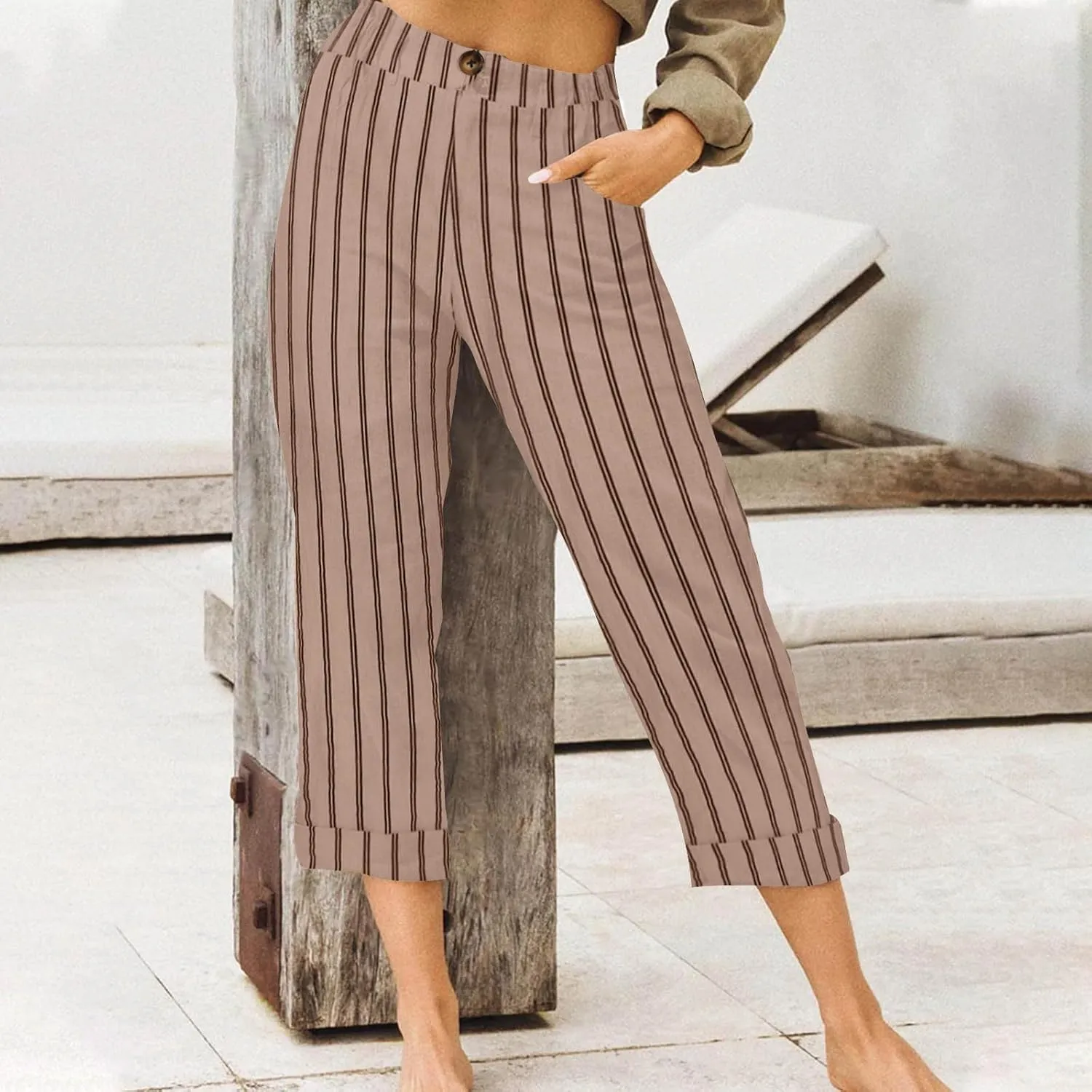 Sinzelimin Women's Capris Pants Fashion Striped Straight Wide Leg Trousers with Pocket, Ladies Sport Casual Cropped Sweatpant