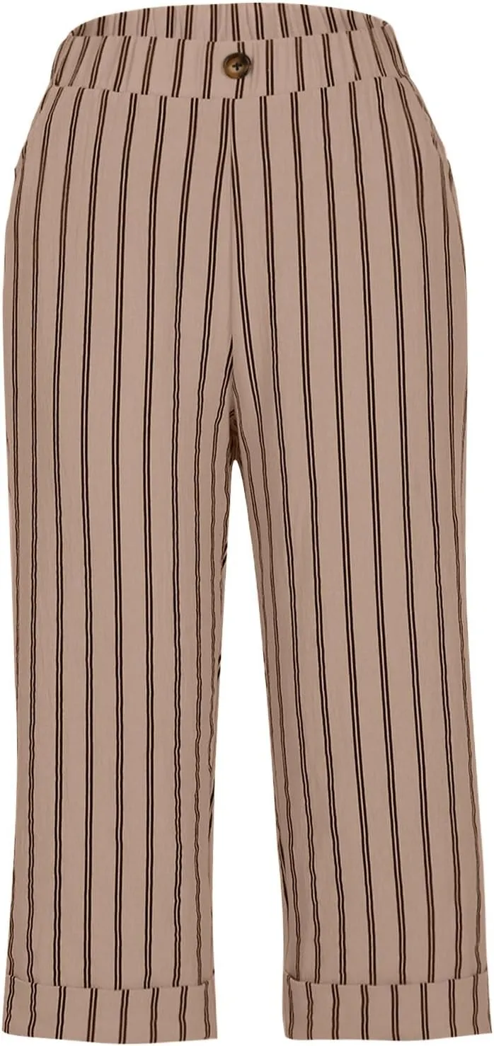 Sinzelimin Women's Capris Pants Fashion Striped Straight Wide Leg Trousers with Pocket, Ladies Sport Casual Cropped Sweatpant