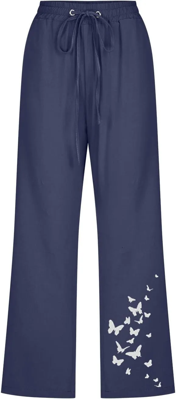 SMIDOW Women Pants Trousers Cotton Linen Slacks Stretch Elastic Waist Capri Pants with Pockets Summer Casual Loose Comfy