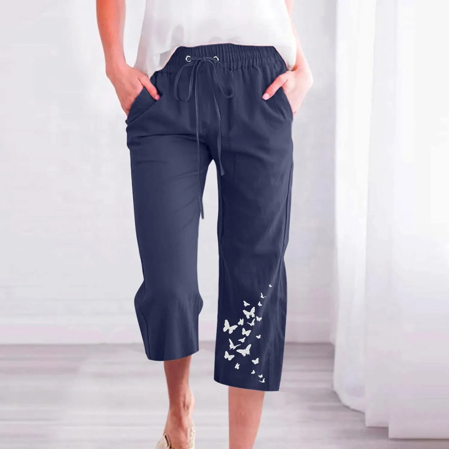 SMIDOW Women Pants Trousers Cotton Linen Slacks Stretch Elastic Waist Capri Pants with Pockets Summer Casual Loose Comfy