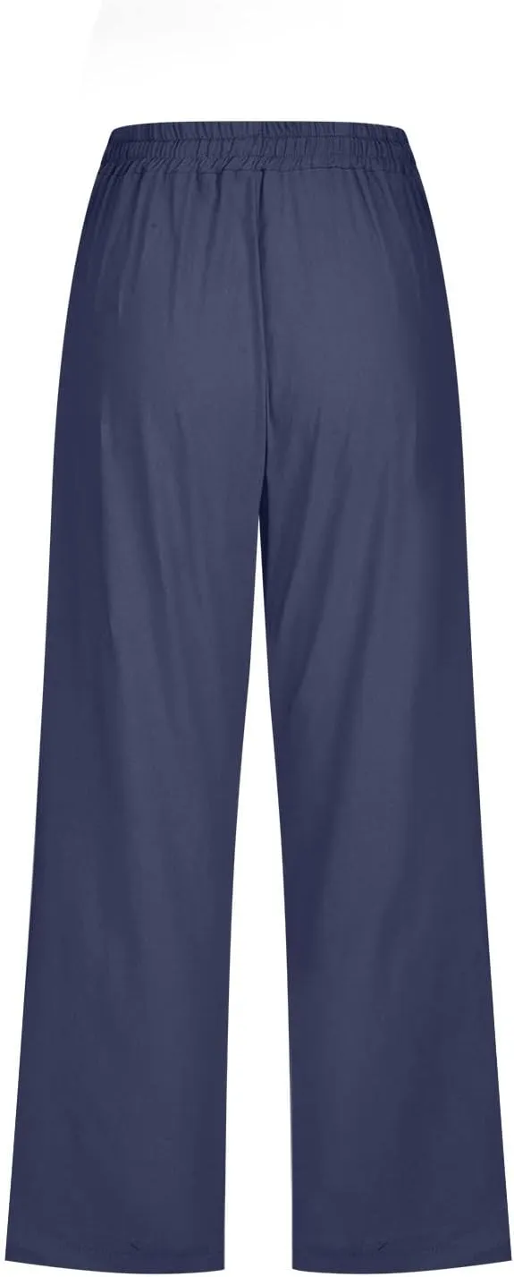 SMIDOW Women Pants Trousers Cotton Linen Slacks Stretch Elastic Waist Capri Pants with Pockets Summer Casual Loose Comfy
