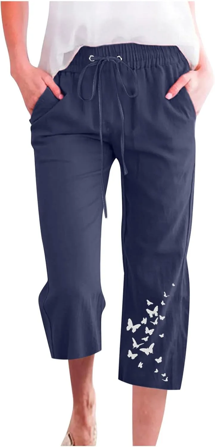 SMIDOW Women Pants Trousers Cotton Linen Slacks Stretch Elastic Waist Capri Pants with Pockets Summer Casual Loose Comfy