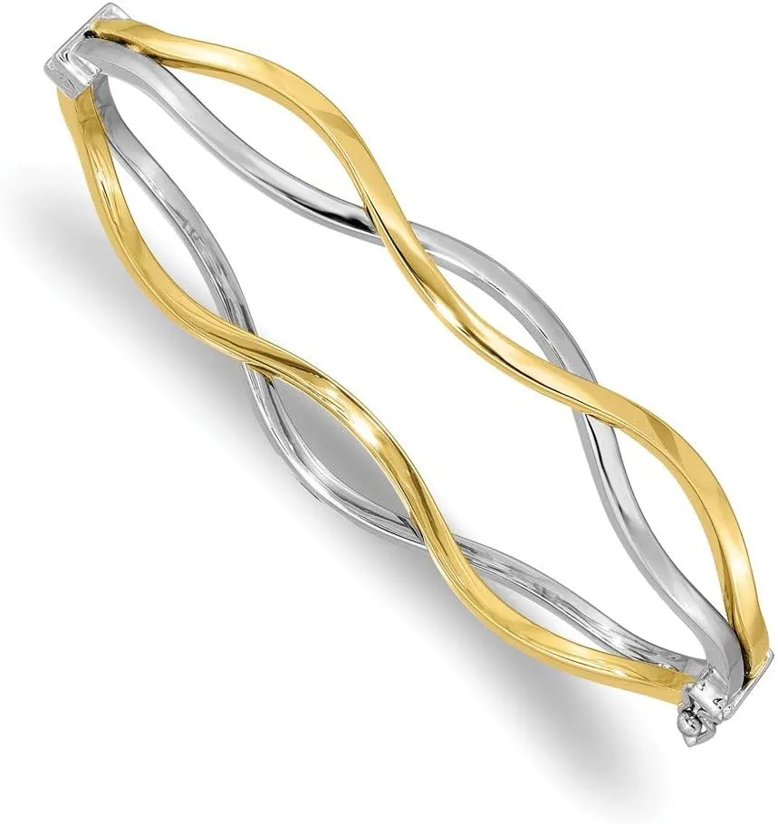 Solid 10K White and Yellow Two Tone Gold White Rhodium Polished Twisted Bangle Bracelet